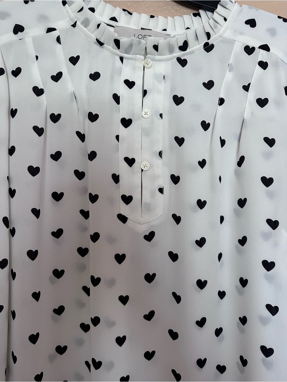 LOFT White Blouse with Black Heart Print Long Sleeves - Picture 4 of 5